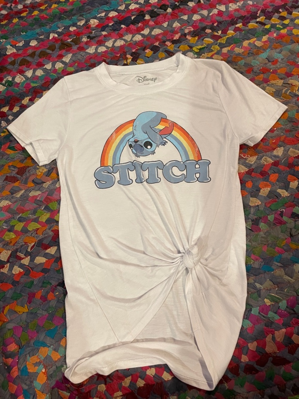 Disney White Tee with Blue Stitch and Rainbow Graphic